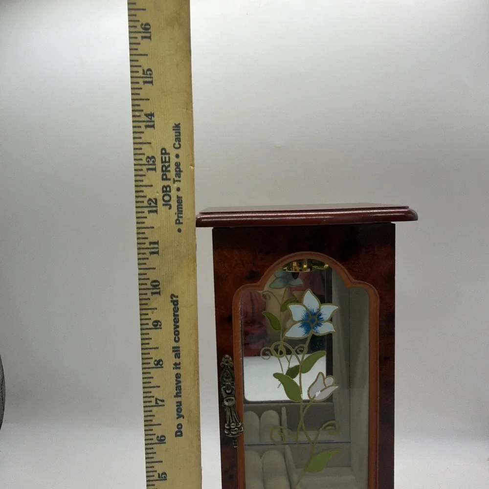 Powell Vintage Wood Upright Jewelry Box Armoire Glass Floral Door Rotating Brown